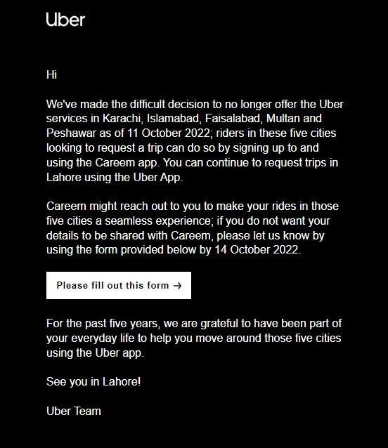 Uber Announced stop operation in Pakistan